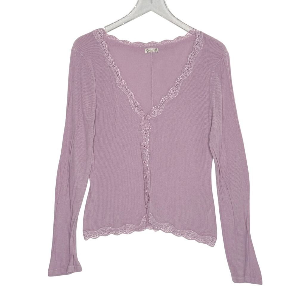 Free People Big Love Cardi L Dusty Pink Scalloped Lace Trim Y2K 90s *flaw